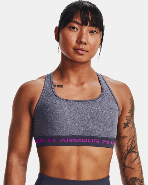 Women's Armour® Mid Crossback Heather Sports Bra, Gray, pdpMainDesktop image number 0